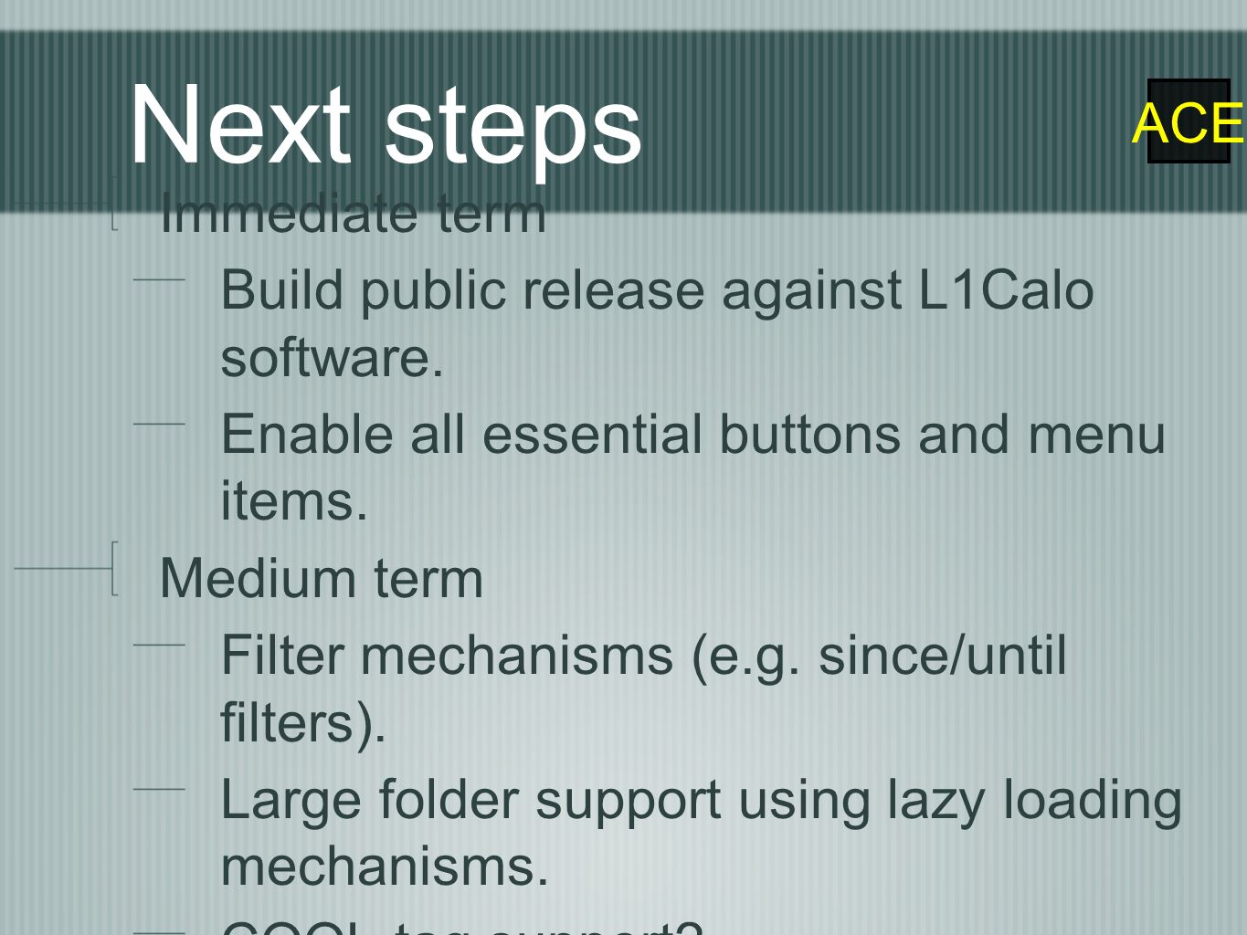 ACE Next steps Immediate term Build public release against L1Calo software.