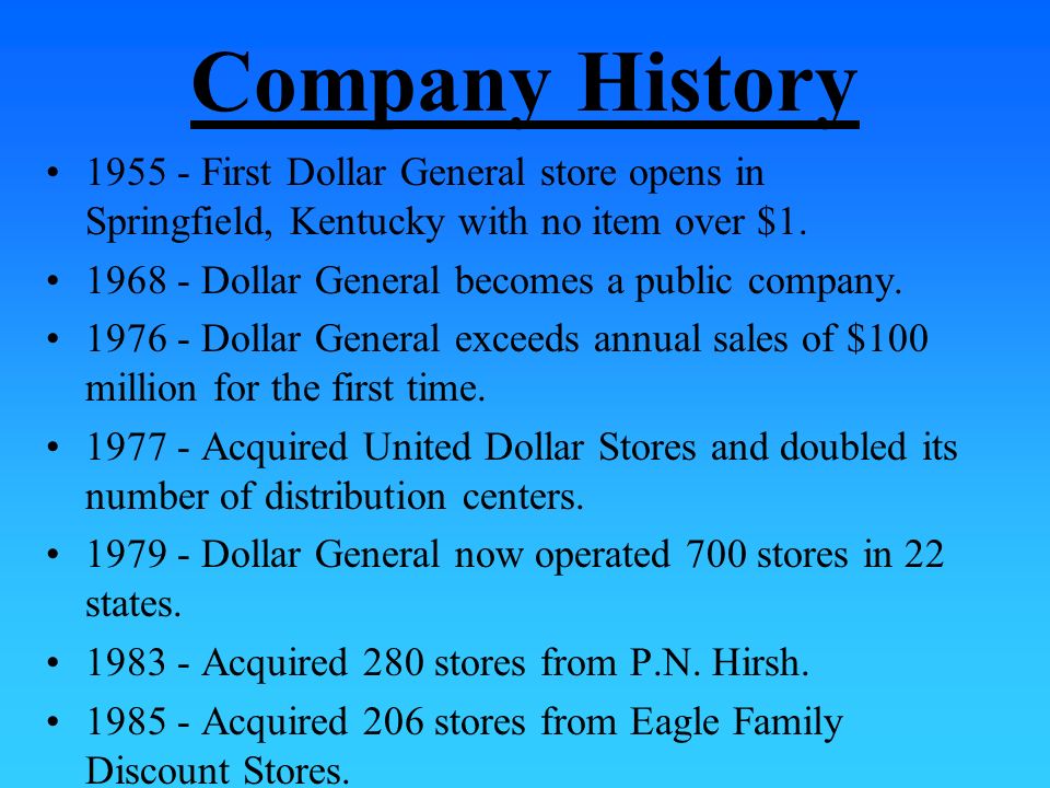Company History First Dollar General store opens in Springfield, Kentucky with no item over $1.