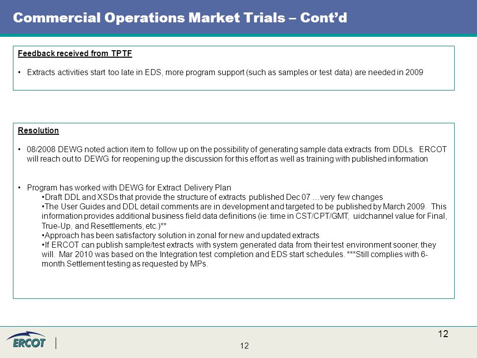 12 Commercial Operations Market Trials – Cont’d Feedback received from TPTF Extracts activities start too late in EDS, more program support (such as samples or test data) are needed in 2009 Resolution 08/2008 DEWG noted action item to follow up on the possibility of generating sample data extracts from DDLs.