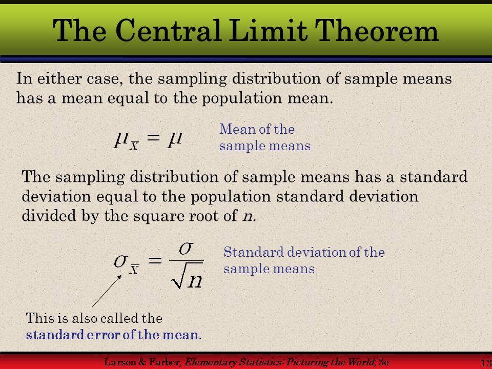 Larson & Farber, Elementary Statistics: Picturing the World, 3e 13 The Central Limit Theorem In either case, the sampling distribution of sample means has a mean equal to the population mean.
