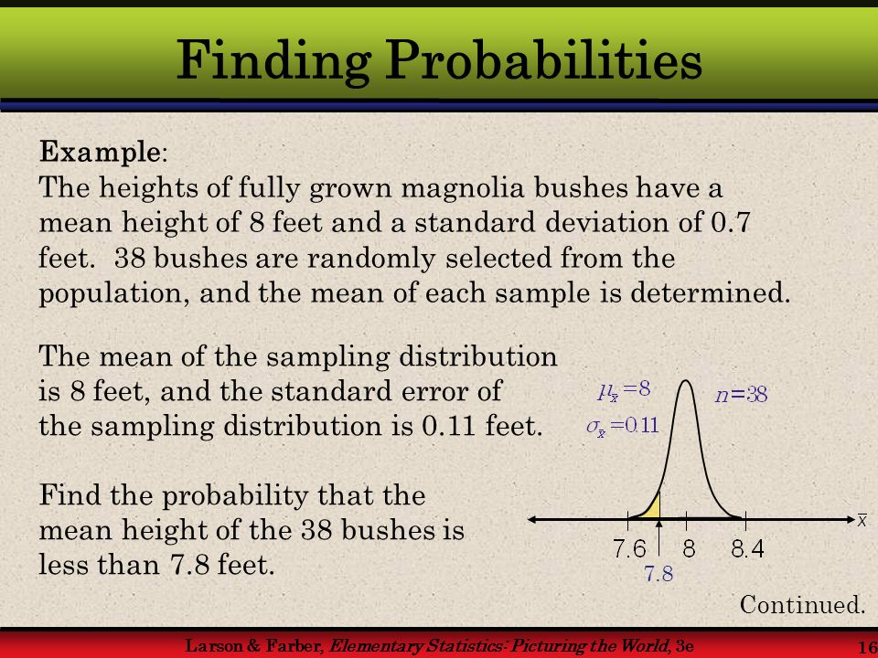 Larson & Farber, Elementary Statistics: Picturing the World, 3e 16 Finding Probabilities Example : The heights of fully grown magnolia bushes have a mean height of 8 feet and a standard deviation of 0.7 feet.
