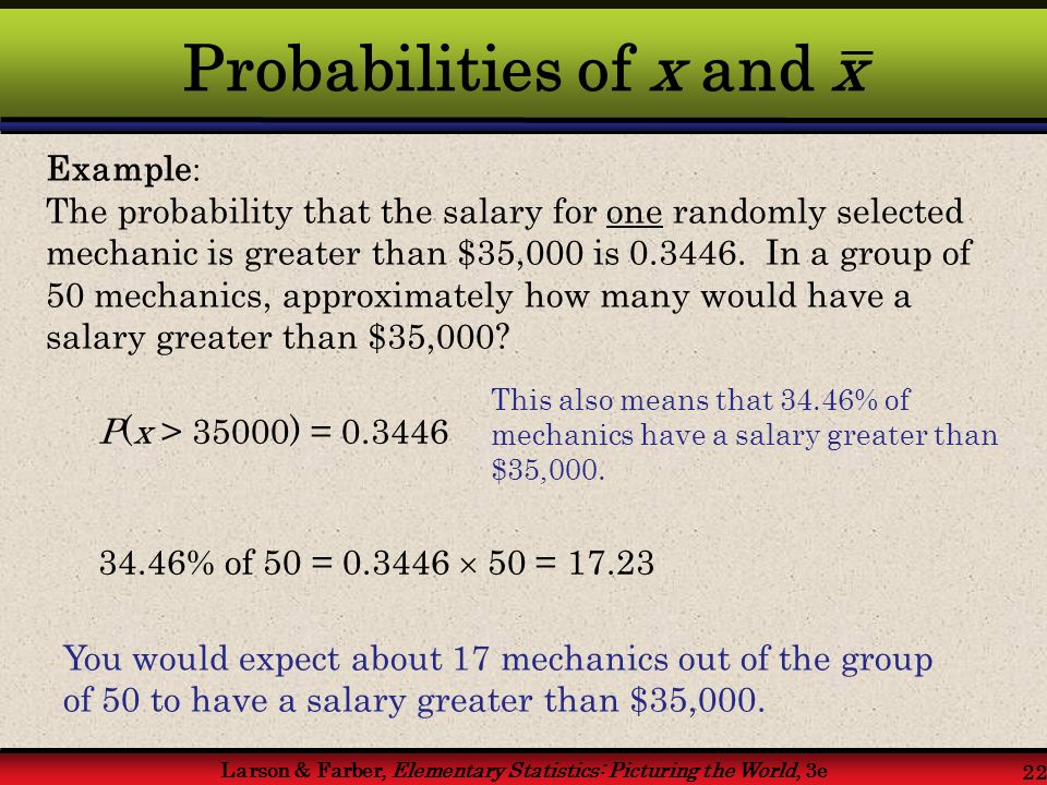 Larson & Farber, Elementary Statistics: Picturing the World, 3e 22 Example : The probability that the salary for one randomly selected mechanic is greater than $35,000 is