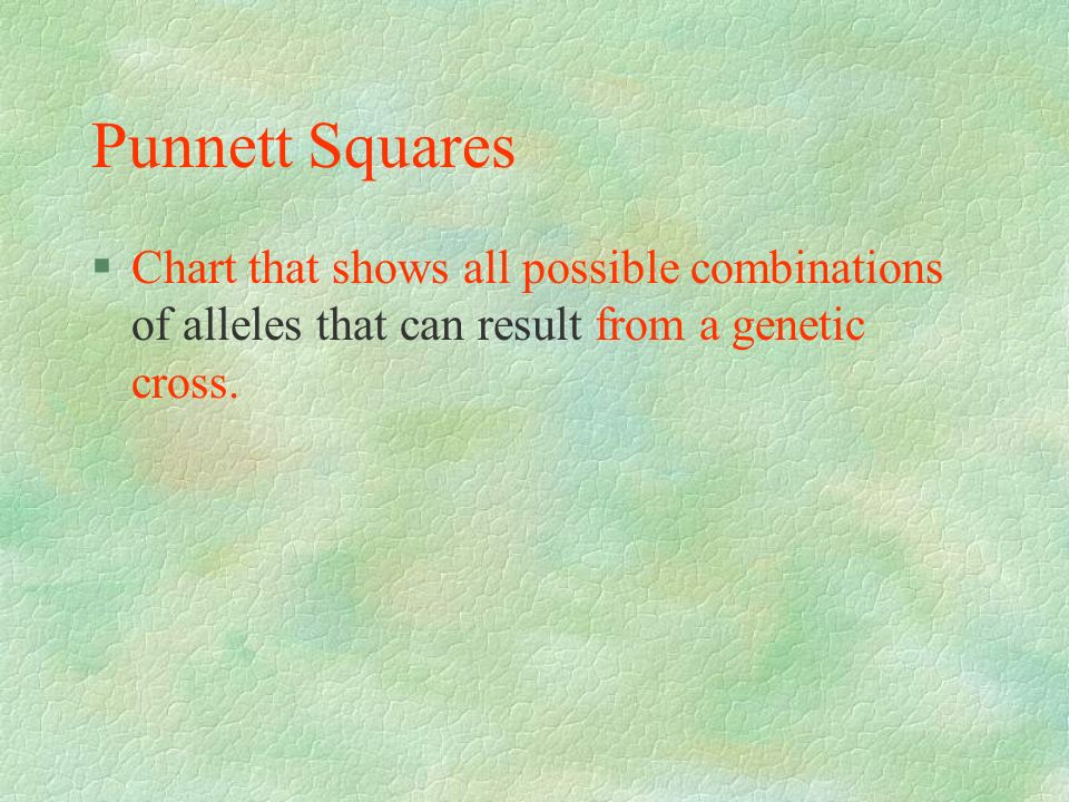 Punnett Squares §Chart that shows all possible combinations of alleles that can result from a genetic cross.