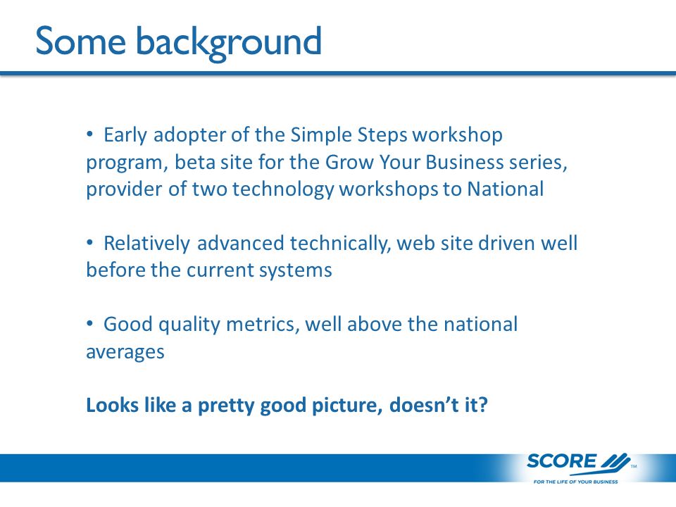 Some background Early adopter of the Simple Steps workshop program, beta site for the Grow Your Business series, provider of two technology workshops to National Relatively advanced technically, web site driven well before the current systems Good quality metrics, well above the national averages Looks like a pretty good picture, doesn’t it
