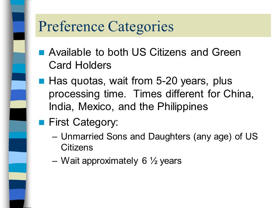 Preference Categories Available to both US Citizens and Green Card Holders Has quotas, wait from 5-20 years, plus processing time.