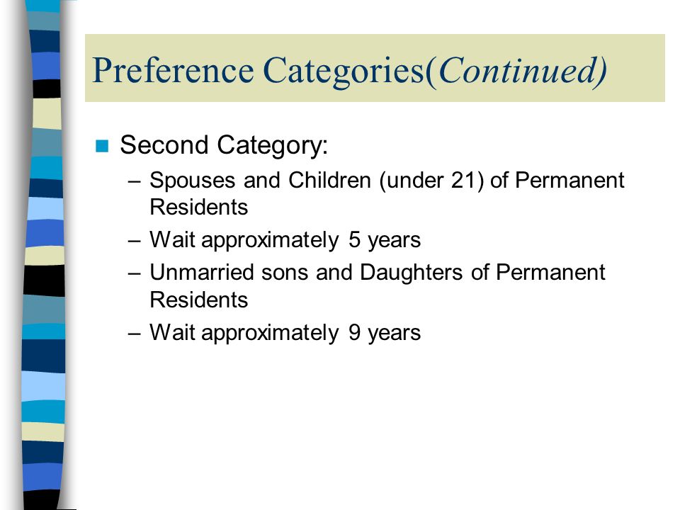 Preference Categories(Continued) Second Category: –Spouses and Children (under 21) of Permanent Residents –Wait approximately 5 years –Unmarried sons and Daughters of Permanent Residents –Wait approximately 9 years
