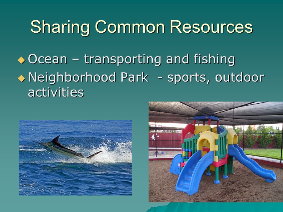 Sharing Common Resources  Ocean – transporting and fishing  Neighborhood Park - sports, outdoor activities