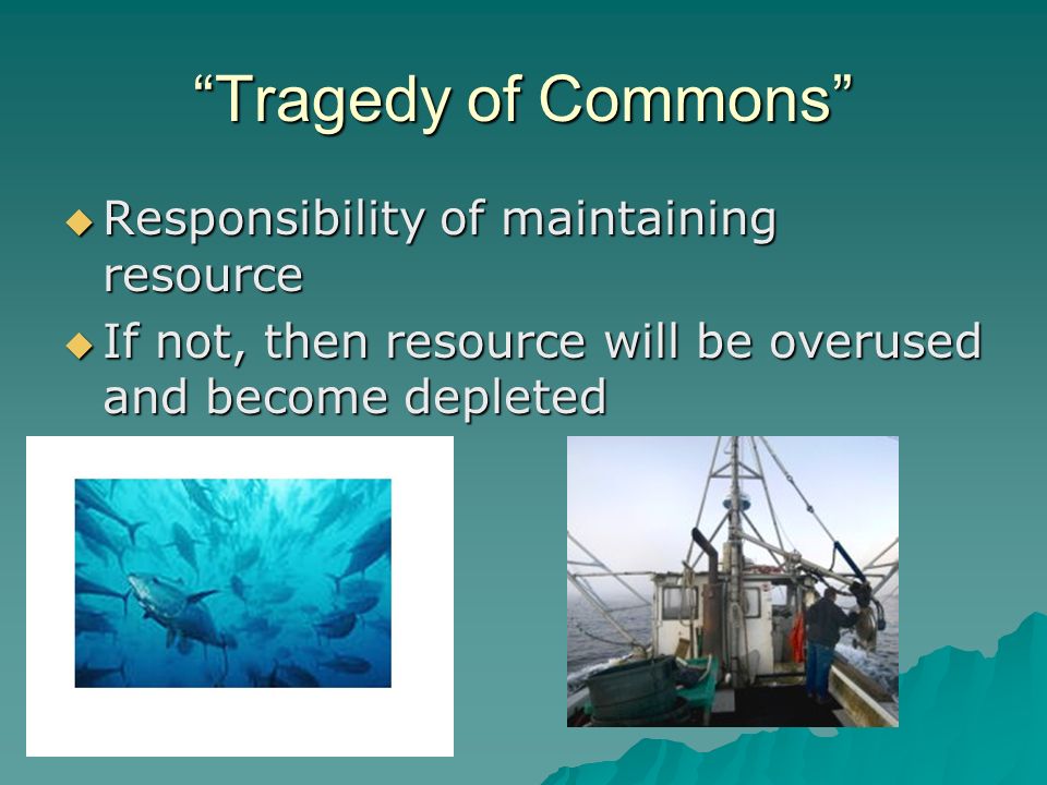 Tragedy of Commons  Responsibility of maintaining resource  If not, then resource will be overused and become depleted