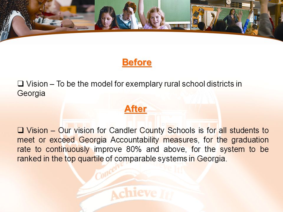 Before  Vision – To be the model for exemplary rural school districts in Georgia After  Vision – Our vision for Candler County Schools is for all students to meet or exceed Georgia Accountability measures, for the graduation rate to continuously improve 80% and above, for the system to be ranked in the top quartile of comparable systems in Georgia.