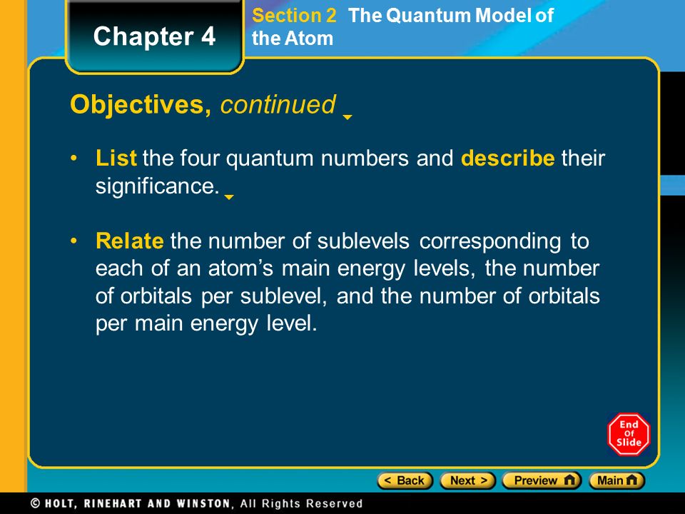Section 2 The Quantum Model of the Atom Objectives, continued List the four quantum numbers and describe their significance.