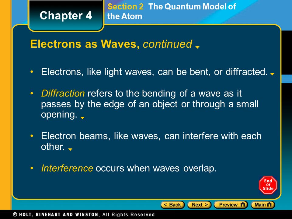 Section 2 The Quantum Model of the Atom Electrons as Waves, continued Electrons, like light waves, can be bent, or diffracted.