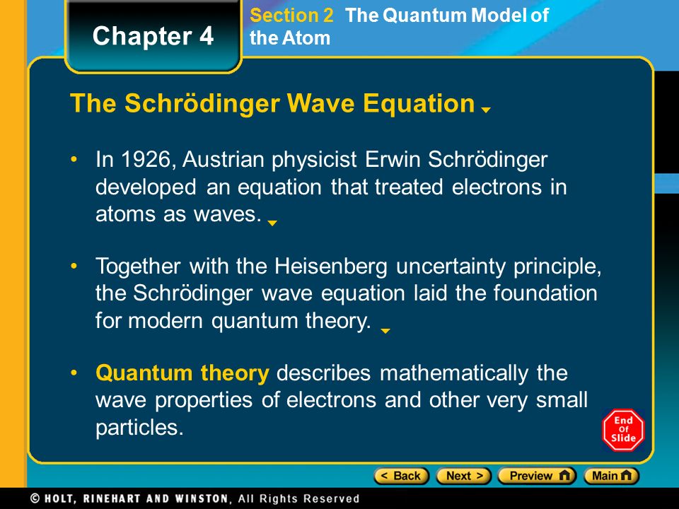 Section 2 The Quantum Model of the Atom The Schrödinger Wave Equation In 1926, Austrian physicist Erwin Schrödinger developed an equation that treated electrons in atoms as waves.