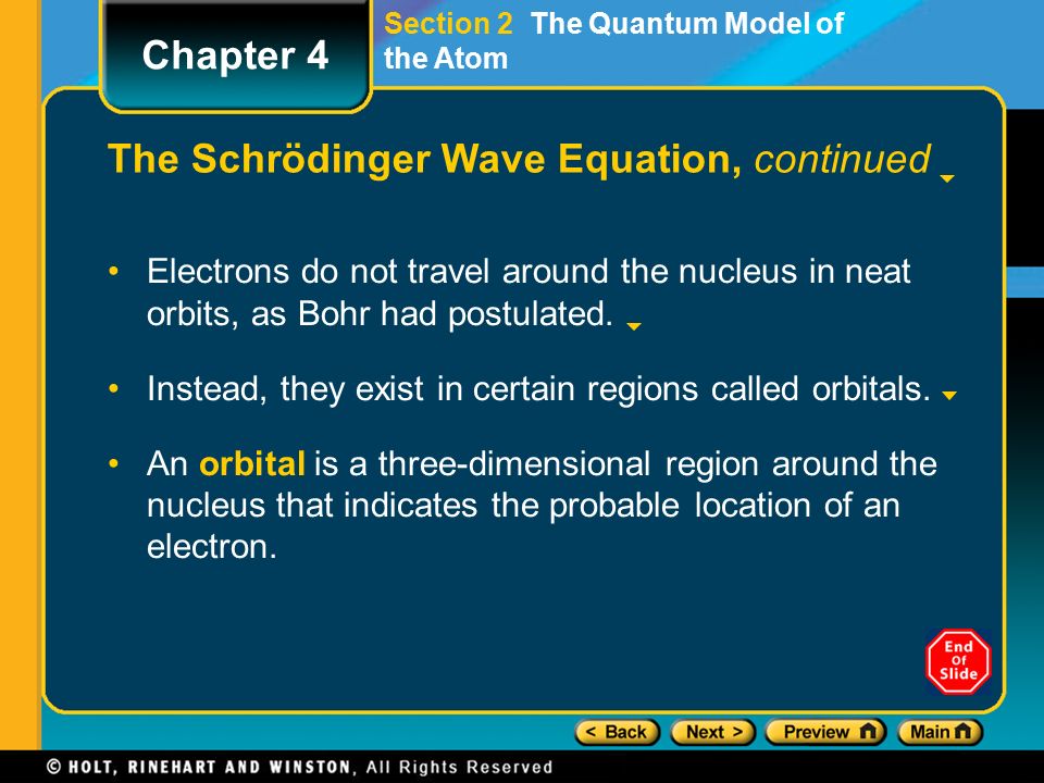 Section 2 The Quantum Model of the Atom The Schrödinger Wave Equation, continued Electrons do not travel around the nucleus in neat orbits, as Bohr had postulated.