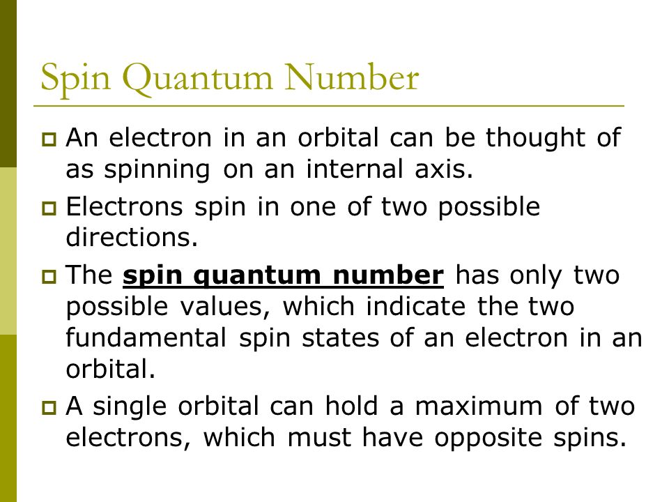Spin Quantum Number  An electron in an orbital can be thought of as spinning on an internal axis.
