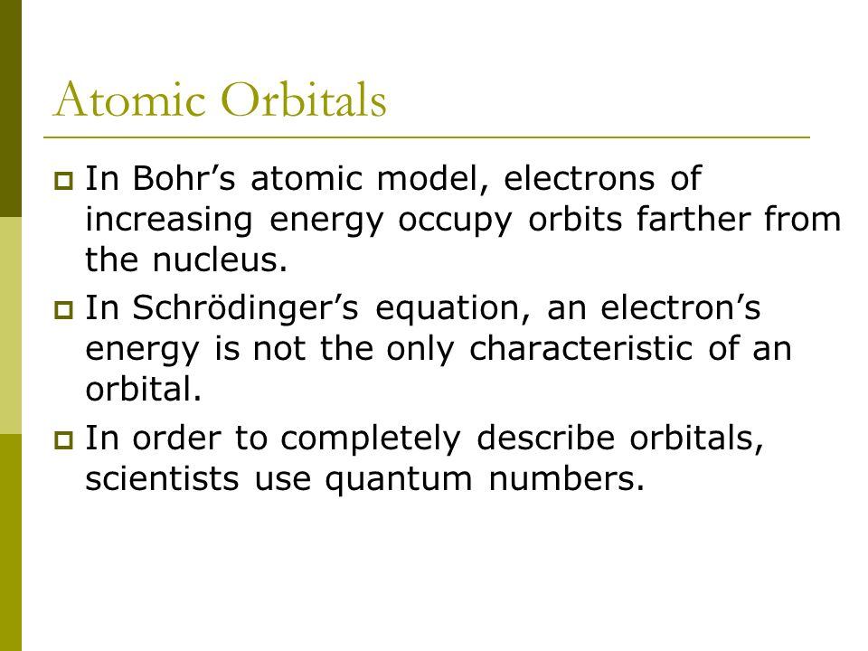 Atomic Orbitals  In Bohr’s atomic model, electrons of increasing energy occupy orbits farther from the nucleus.