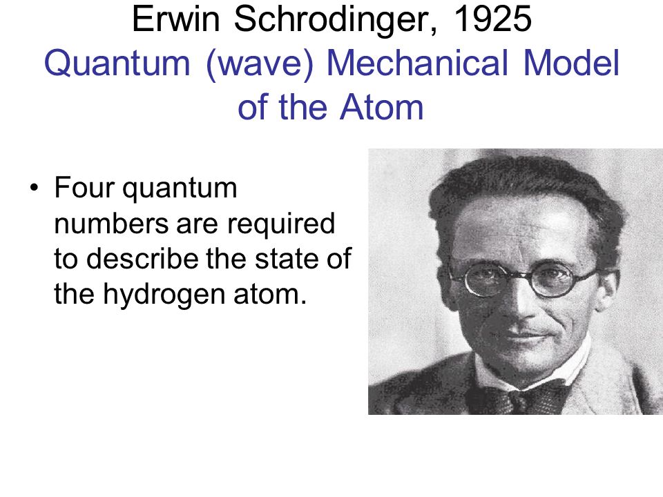 Erwin Schrodinger, 1925 Quantum (wave) Mechanical Model of the Atom Four quantum numbers are required to describe the state of the hydrogen atom.