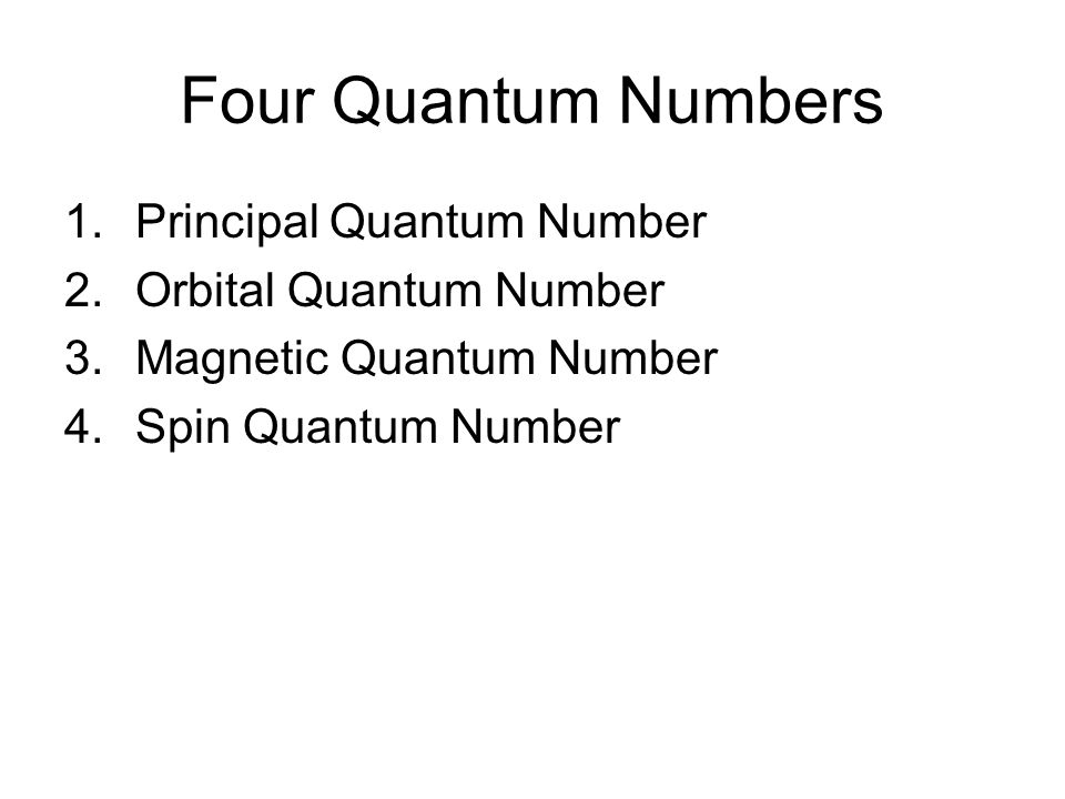 Four Quantum Numbers 1.Principal Quantum Number 2.Orbital Quantum Number 3.Magnetic Quantum Number 4.Spin Quantum Number