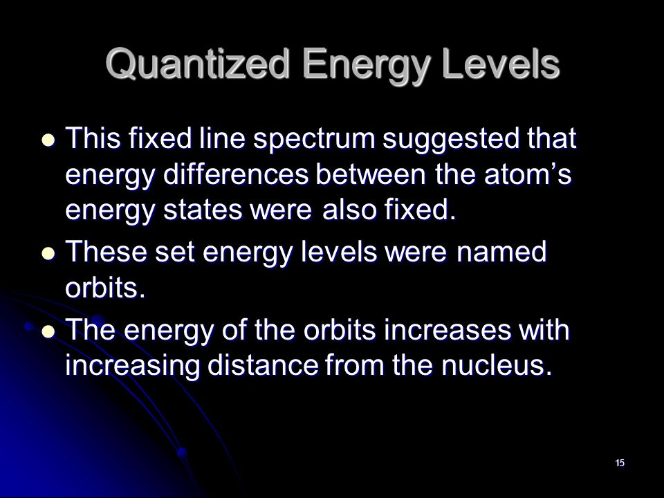 15 Quantized Energy Levels This fixed line spectrum suggested that energy differences between the atom’s energy states were also fixed.