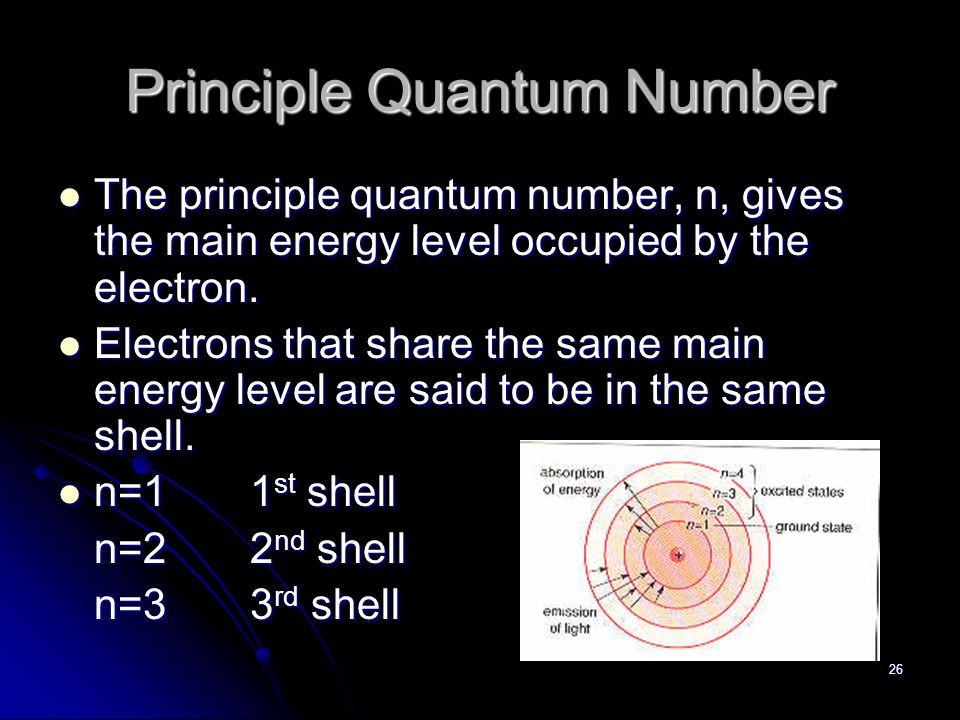 26 Principle Quantum Number The principle quantum number, n, gives the main energy level occupied by the electron.