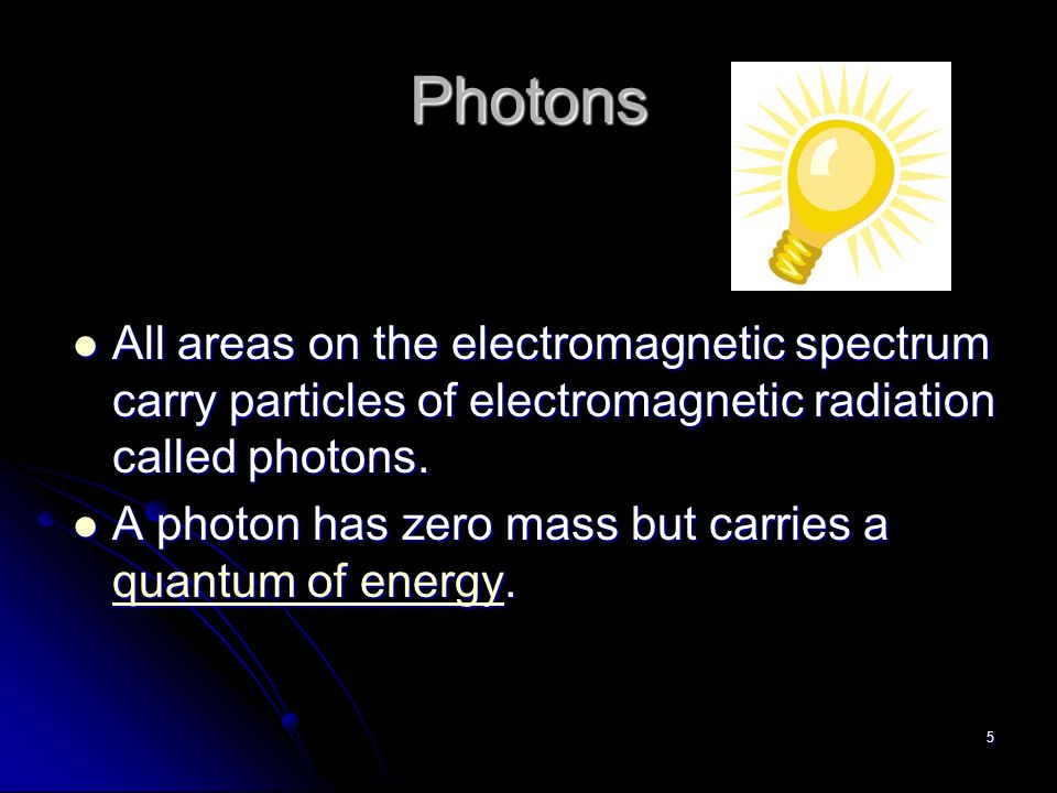 5 Photons All areas on the electromagnetic spectrum carry particles of electromagnetic radiation called photons.