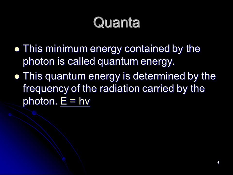 6 Quanta This minimum energy contained by the photon is called quantum energy.