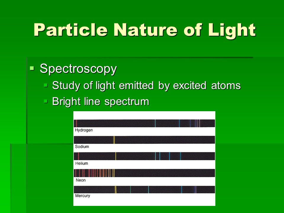 Particle Nature of Light  Spectroscopy  Study of light emitted by excited atoms  Bright line spectrum