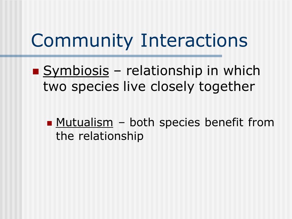 Community Interactions Symbiosis – relationship in which two species live closely together Mutualism – both species benefit from the relationship