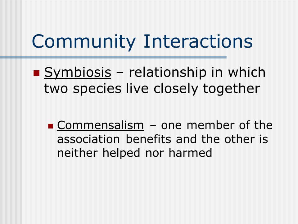 Community Interactions Symbiosis – relationship in which two species live closely together Commensalism – one member of the association benefits and the other is neither helped nor harmed
