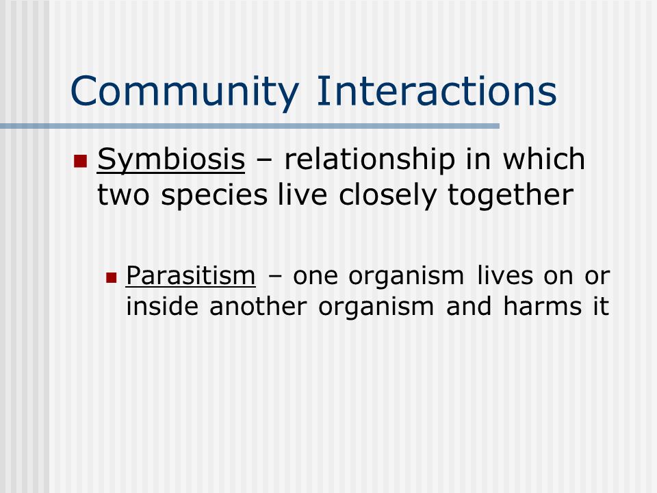 Community Interactions Symbiosis – relationship in which two species live closely together Parasitism – one organism lives on or inside another organism and harms it