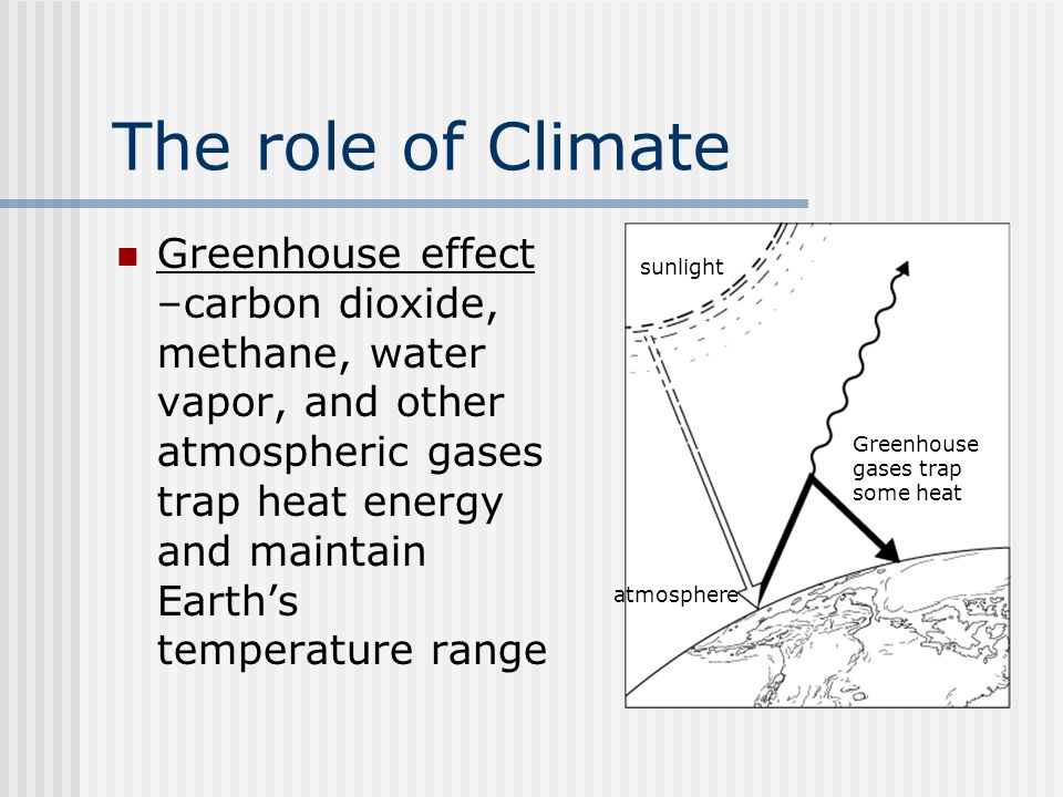 The role of Climate Greenhouse effect –carbon dioxide, methane, water vapor, and other atmospheric gases trap heat energy and maintain Earth’s temperature range sunlight atmosphere Greenhouse gases trap some heat