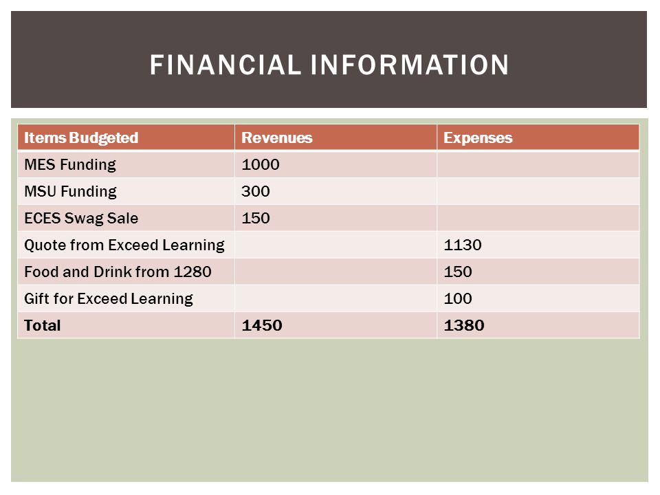 Items BudgetedRevenuesExpenses MES Funding1000 MSU Funding300 ECES Swag Sale150 Quote from Exceed Learning1130 Food and Drink from Gift for Exceed Learning100 Total FINANCIAL INFORMATION