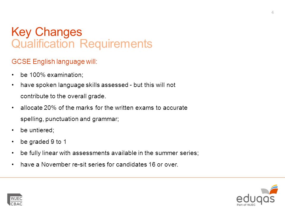 Key Changes Qualification Requirements GCSE English language will: be 100% examination; have spoken language skills assessed - but this will not contribute to the overall grade.