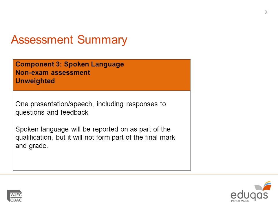 Assessment Summary 8 Component 3: Spoken Language Non-exam assessment Unweighted One presentation/speech, including responses to questions and feedback Spoken language will be reported on as part of the qualification, but it will not form part of the final mark and grade.