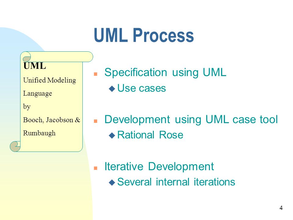 4 UML Process n Specification using UML u Use cases n Development using UML case tool u Rational Rose n Iterative Development u Several internal iterations UML Unified Modeling Language by Booch, Jacobson & Rumbaugh