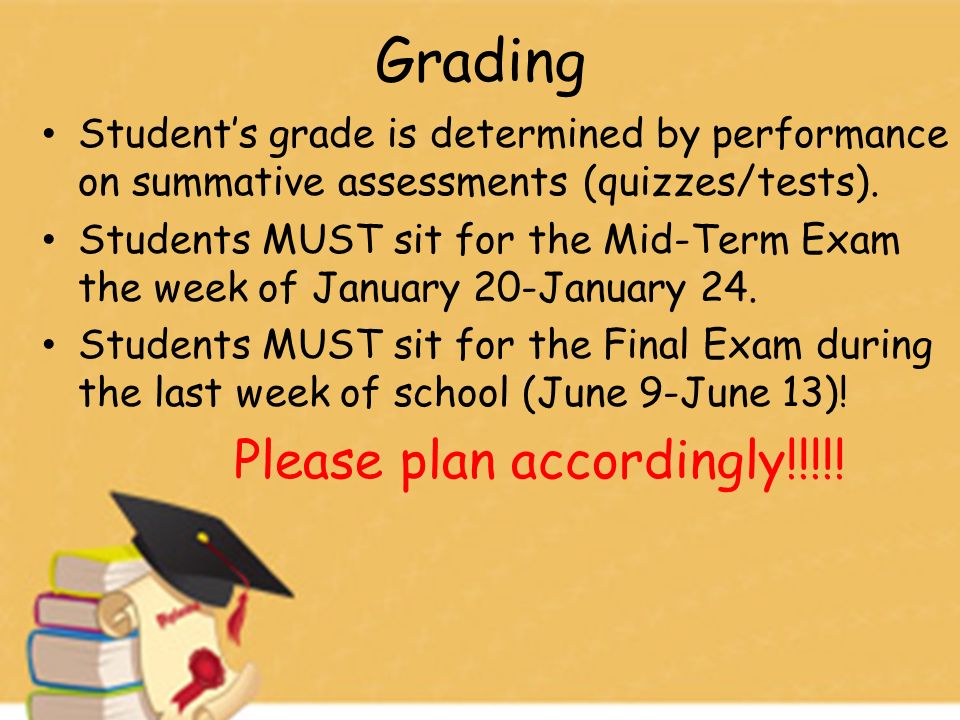Grading Student’s grade is determined by performance on summative assessments (quizzes/tests).