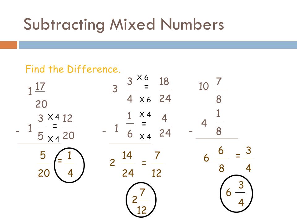 Subtracting Mixed Numbers 1 Find the Difference.