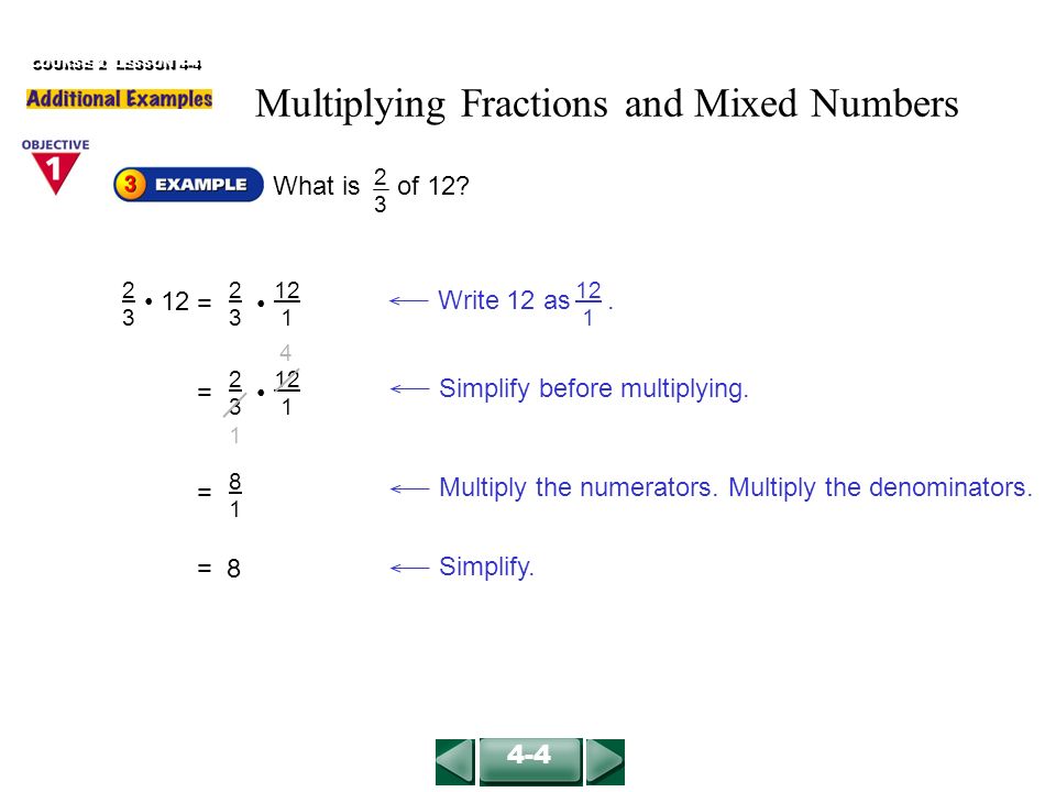 COURSE 2 LESSON What is of = Simplify before multiplying.