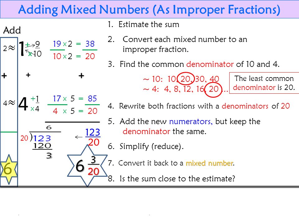 18 Adding Mixed Numbers (As Mixed Numbers) Add Estimate the sum x = = Find the least common denominator ~...(find the LCM of 10 and 4)..