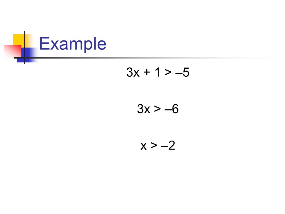 Example 3x + 1 > –5 3x > –6 x > –2