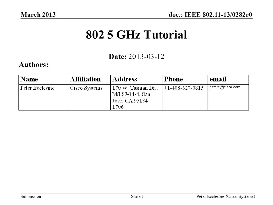 Submission doc.: IEEE /0282r0 Slide GHz Tutorial Date: Authors: Peter Ecclesine (Cisco Systems) March 2013