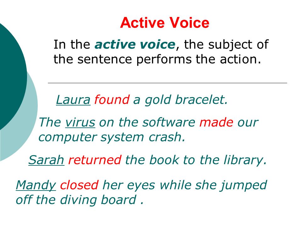 Active Voice In the active voice, the subject of the sentence performs the action.