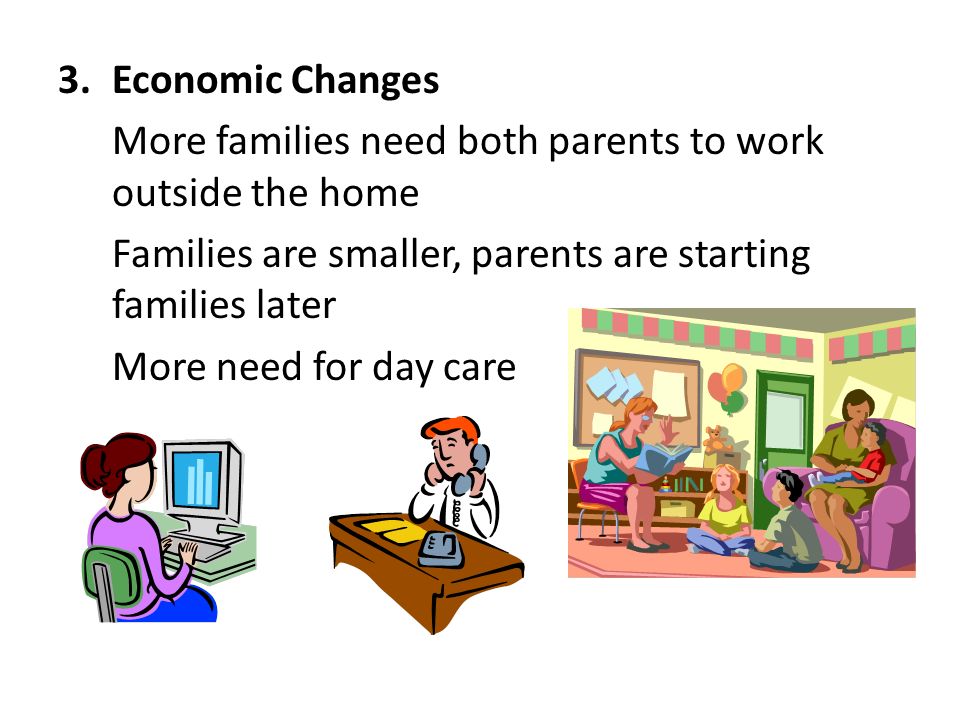 3.Economic Changes More families need both parents to work outside the home Families are smaller, parents are starting families later More need for day care