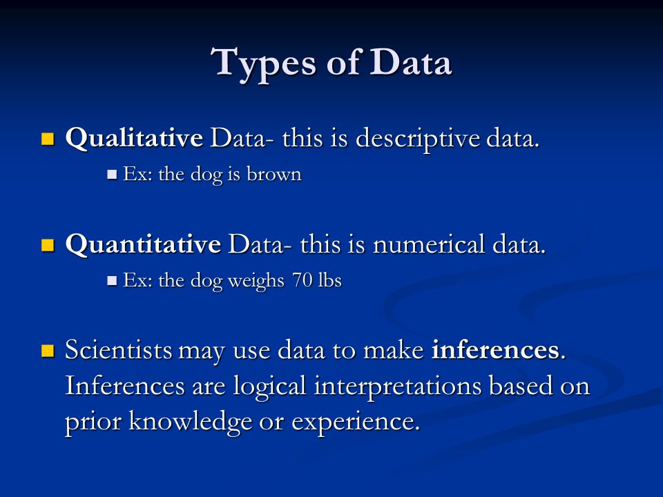 Types of Data Qualitative Data- this is descriptive data.