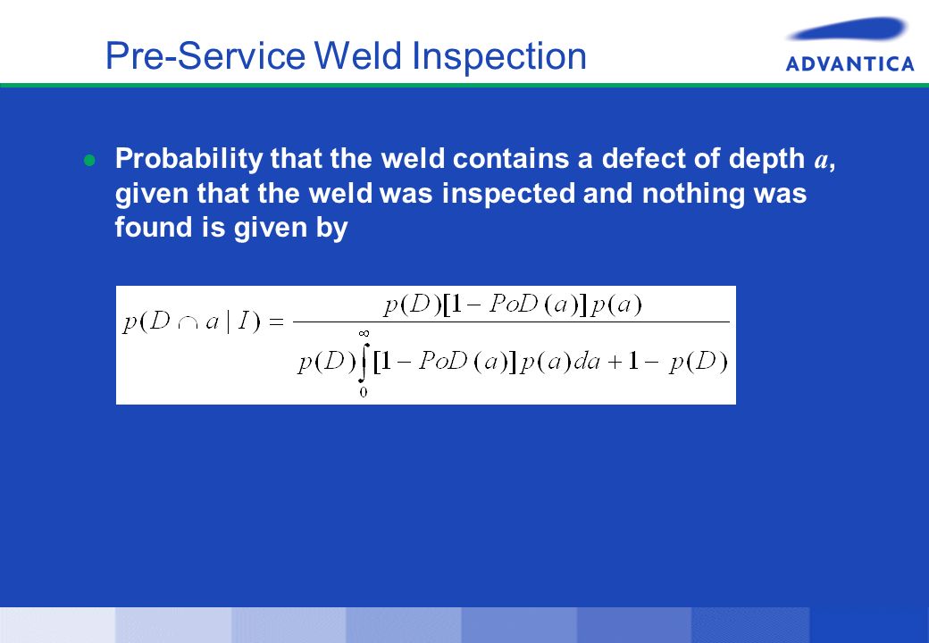 Pre-Service Weld Inspection Probability that the weld contains a defect of depth a, given that the weld was inspected and nothing was found is given by