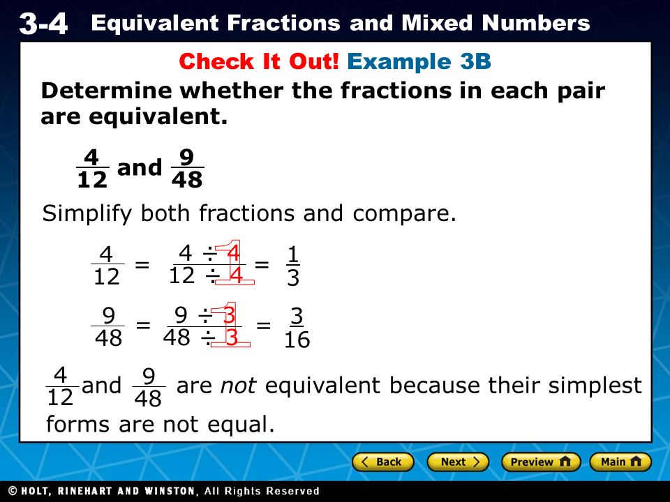 Holt CA Course Equivalent Fractions and Mixed Numbers Check It Out.