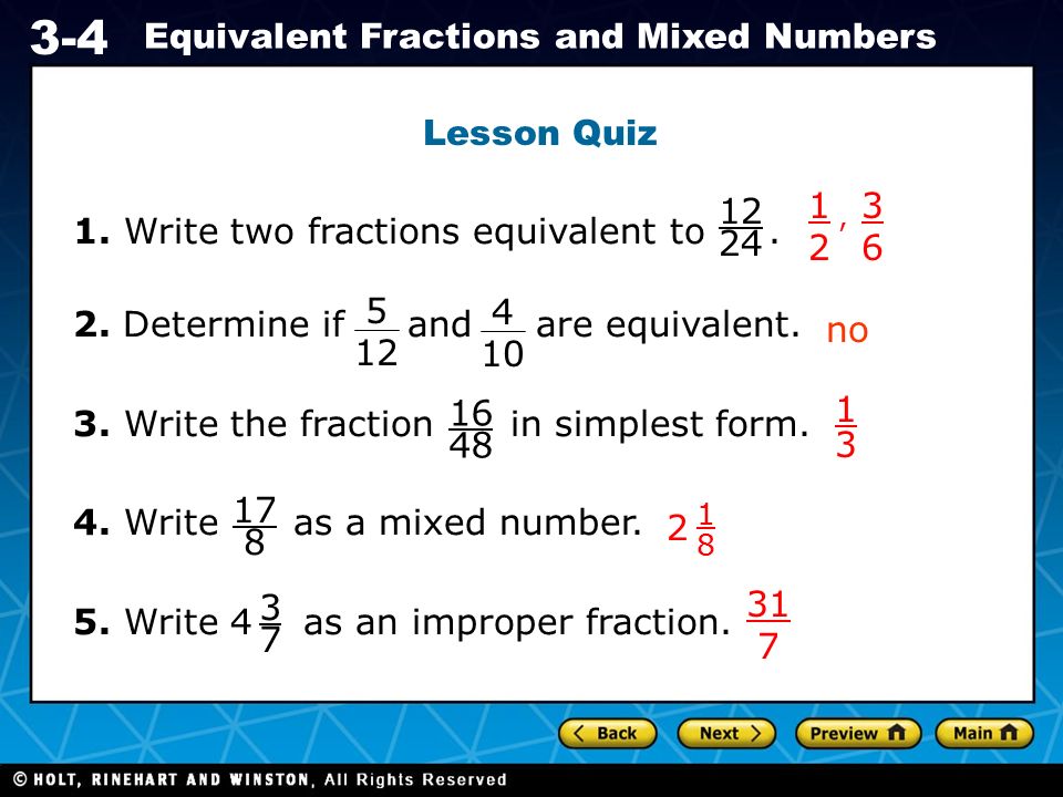 Holt CA Course Equivalent Fractions and Mixed Numbers Lesson Quiz 1.