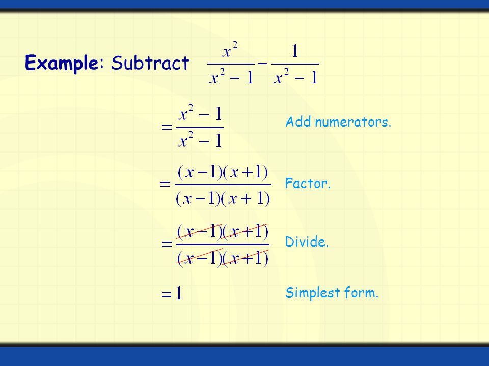 Example: Subtract Add numerators. Factor. Divide. Simplest form.