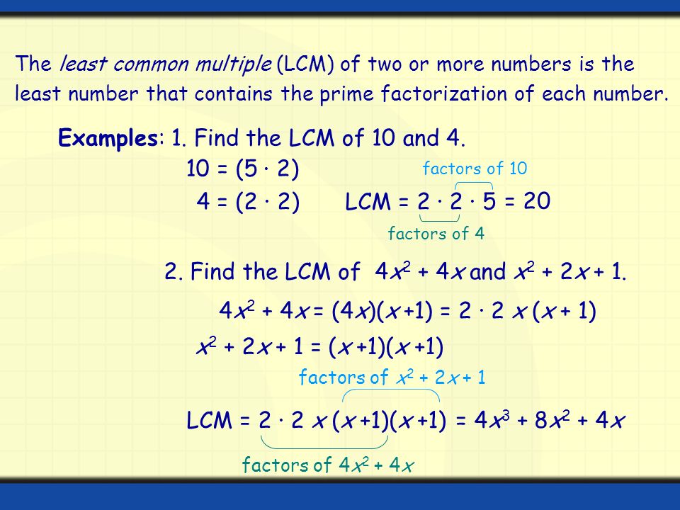 The least common multiple (LCM) of two or more numbers is the least number that contains the prime factorization of each number.
