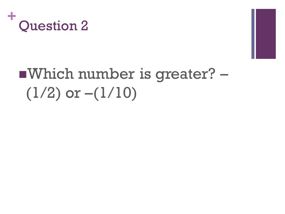 + Question 2 Which number is greater – (1/2) or –(1/10)