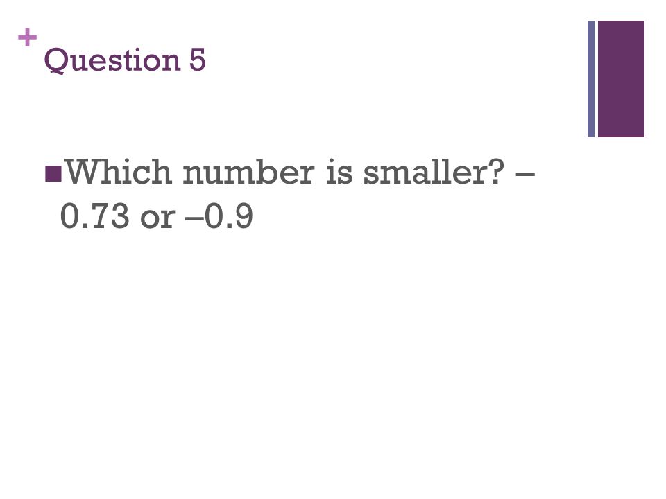+ Question 5 Which number is smaller – 0.73 or –0.9